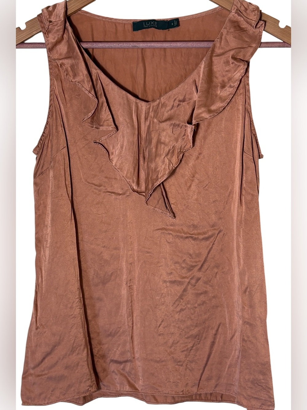 100% Silk LUXE The Limited Bronze Ruffle Blouse Sleeveless Top Small